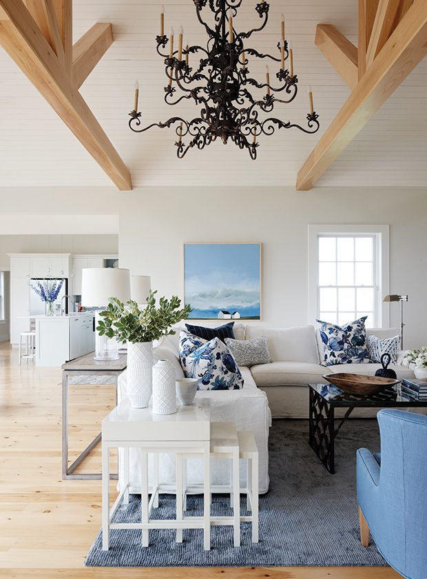 Living room with beachy blue pillows