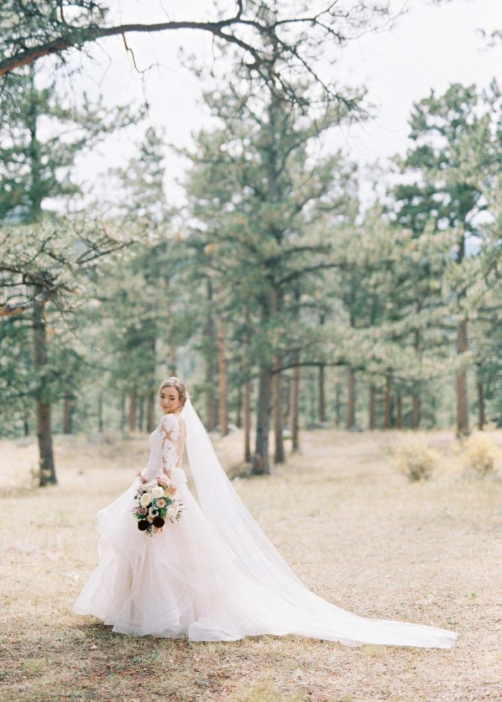 bride standing in a wintery field with a lace long sleeved wedding dress and a long veil.