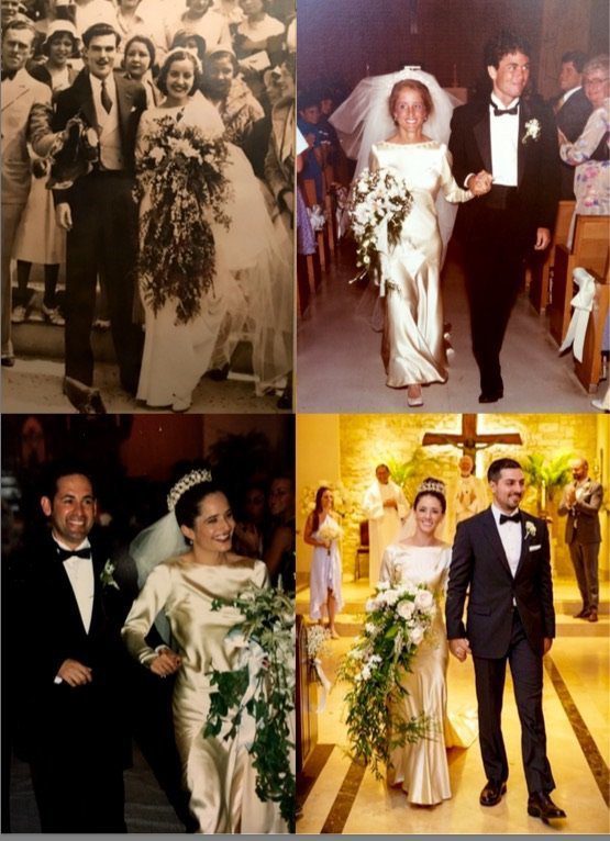 Four photos of each woman wearing the family wedding gown