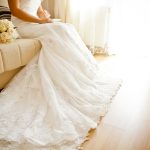 bride, wearing, wedding, dress, sitting, down