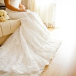 bride, wearing, wedding, dress, sitting, down